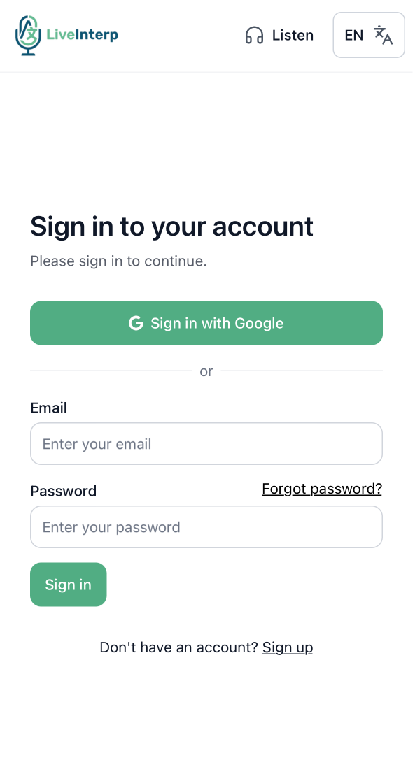 User interface tutorial for the speaker: Log in or create a new LiveInterp account. You can easily log in with your Google account.