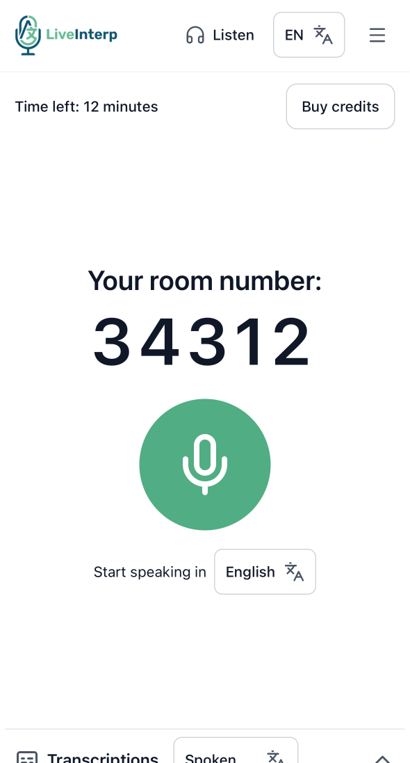 User interface tutorial for the speaker: After sign up, a room number will be assigned to the account. Share this room number with your listeners.