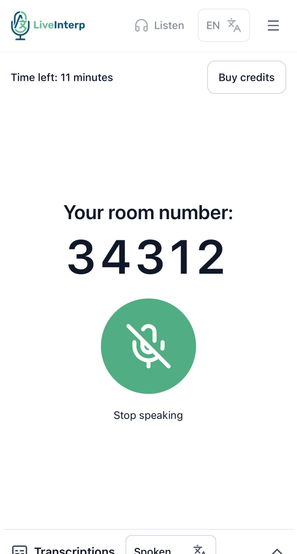 User interface tutorial for the speaker: Click on the microphone button and start speaking. See below on some tips for creating the best experience for your listeners.
